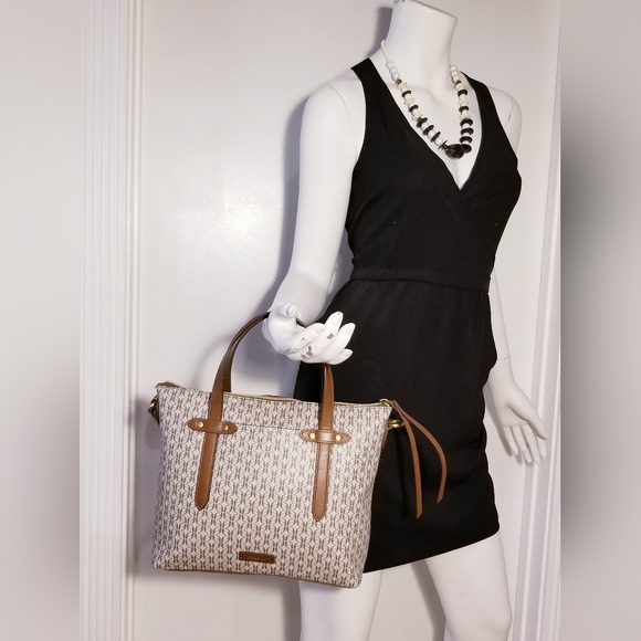 Fossil coated canvas logo brown beige hand bag purse - Picture 2 of 7